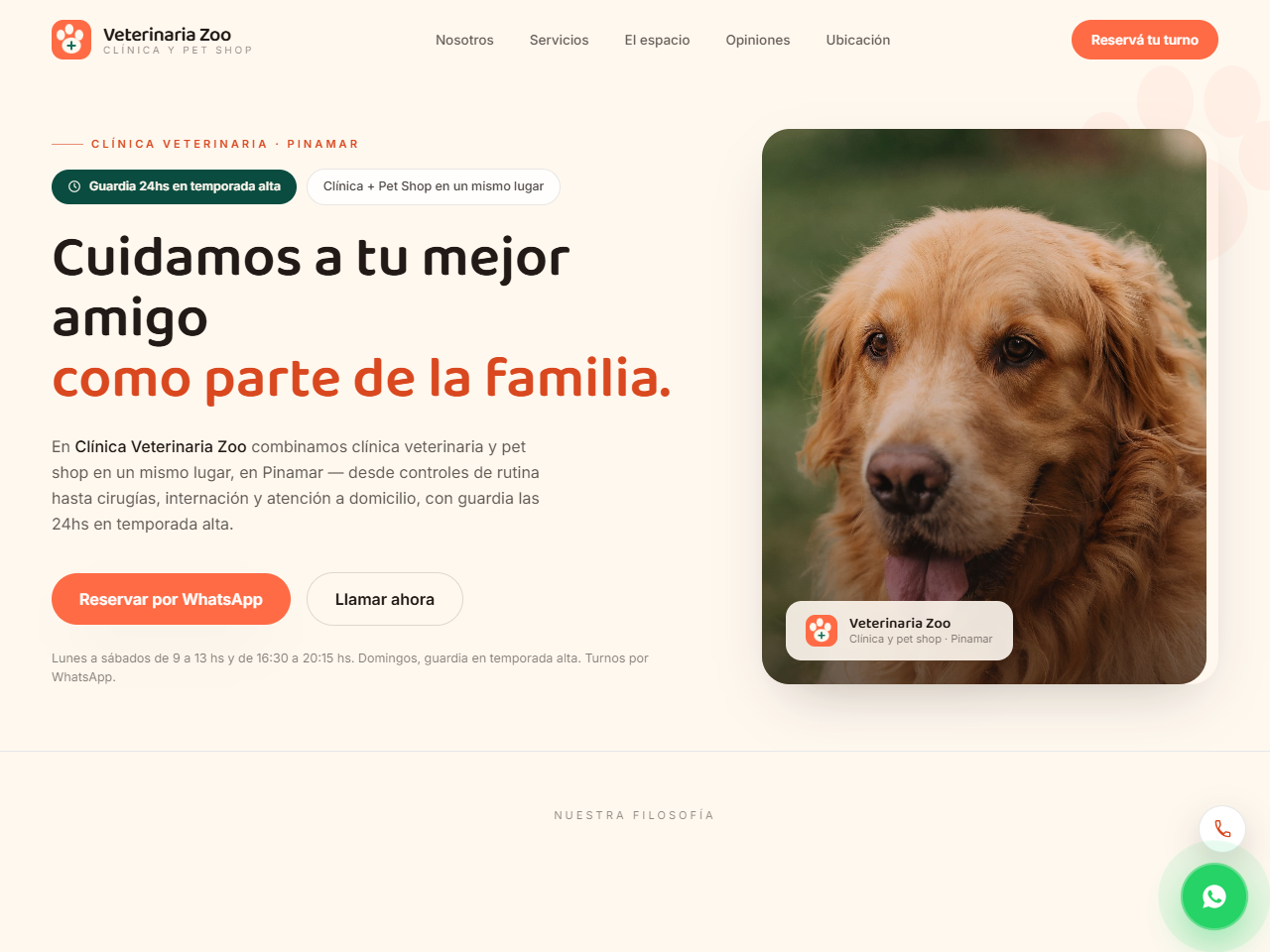 Sitio para Clínica Veterinaria Zoo, clínica y pet shop con guardia 24hs en Pinamar